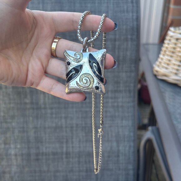 Vintage Silver Tone and Black Statement Pendant Necklace - Picture 2 of 6